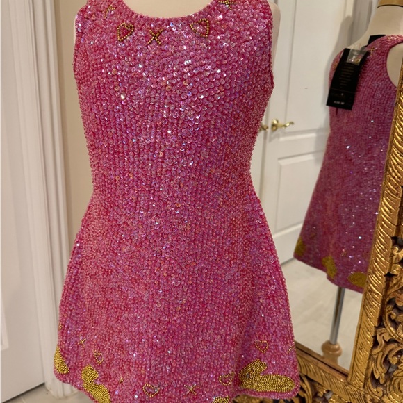 Little Attitudes by Debra Pink Sequin Dress hand‎ beaded with with Gold bunnies